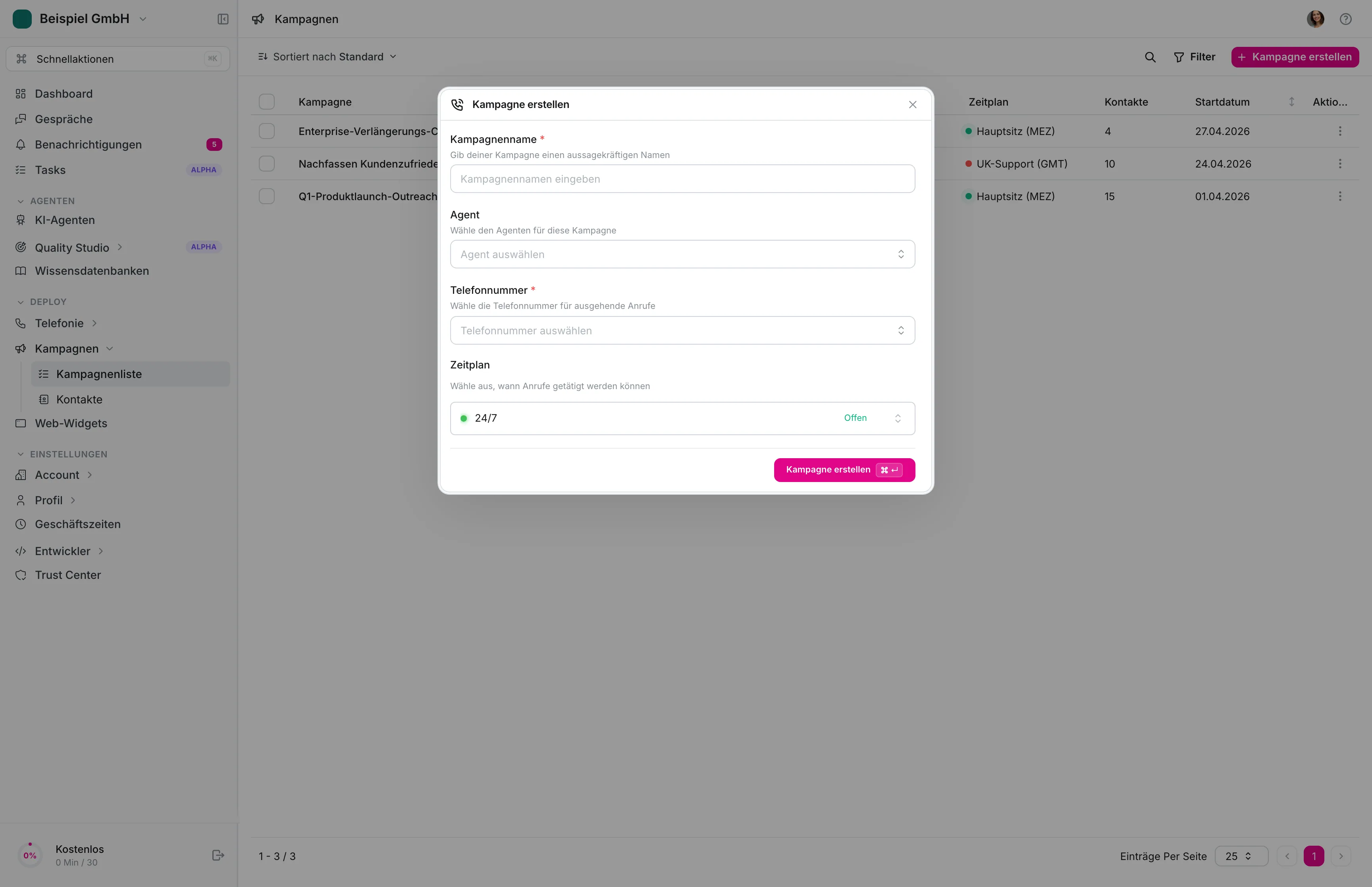 itellicoAI Kampagnen — Outbound-Kampagnen-Konfiguration