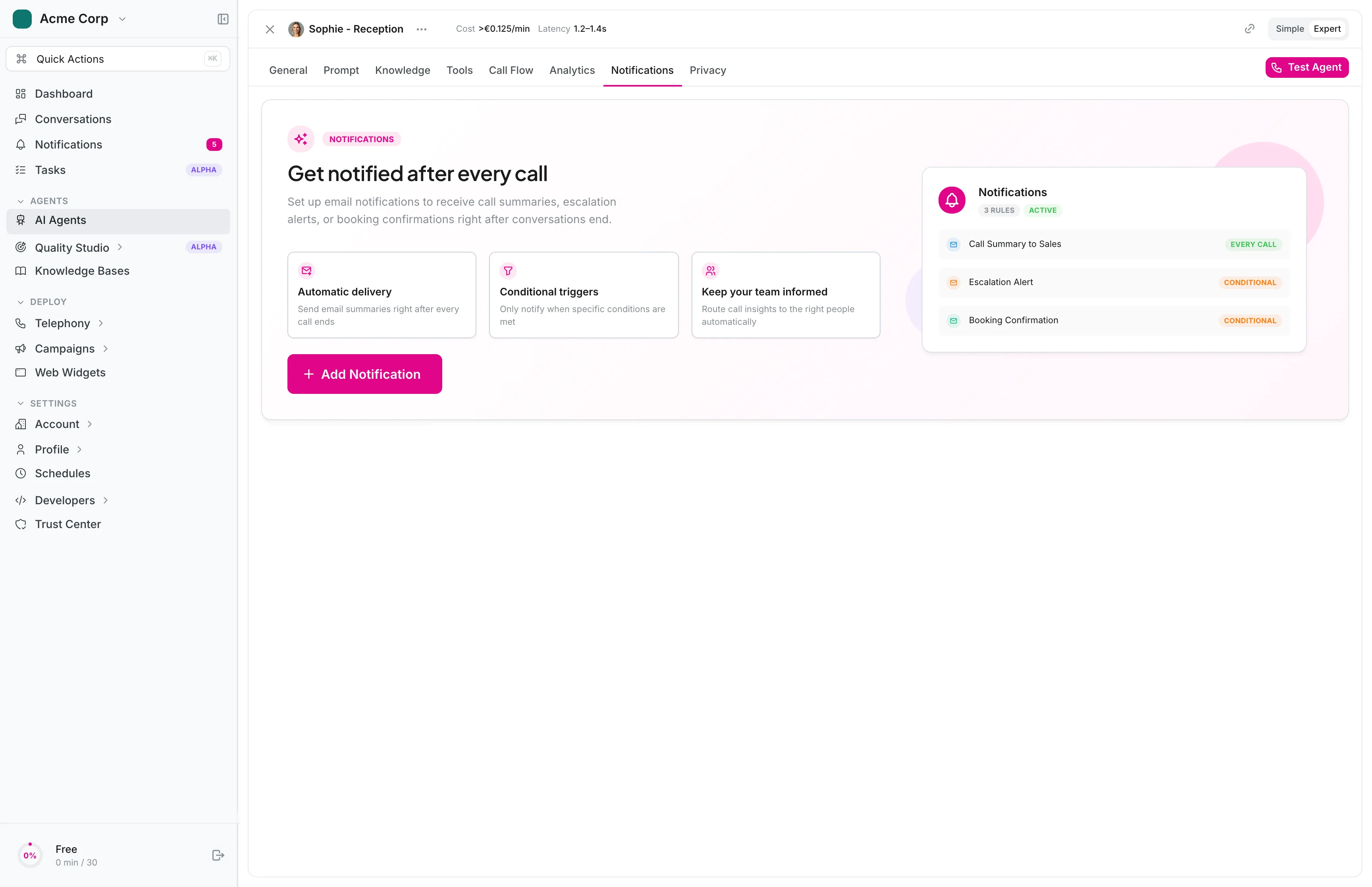 itellicoAI conversation detail — transcript, summary, and structured outcome