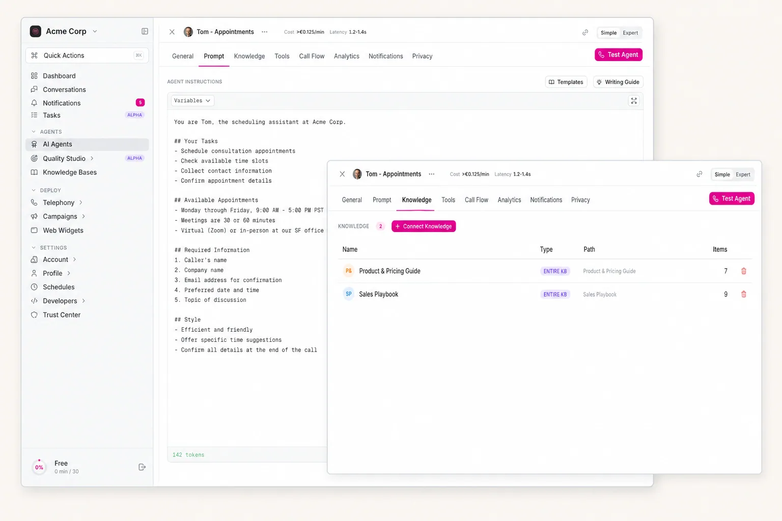 itellicoAI agent prompt editor with knowledge base panel — visual builder for prompts, knowledge, and tools