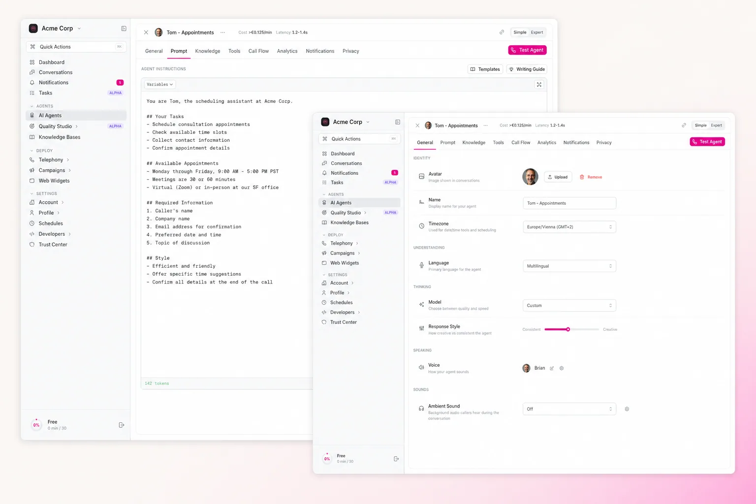 itellicoAI agent builder — Prompt and Knowledge surfaces
