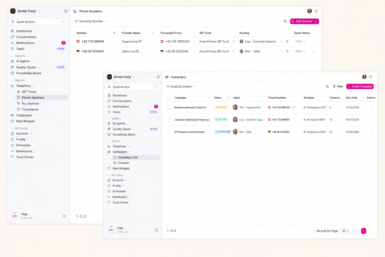 itellicoAI phone numbers list with campaigns surface — DACH numbers, SIP trunks, and outbound campaigns
