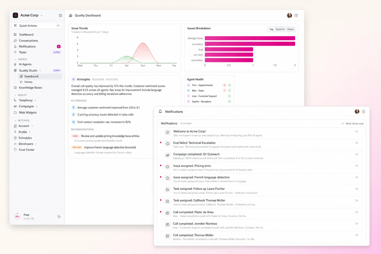 itellicoAI Quality Studio dashboard with notifications inbox — operations and deployment surfaces