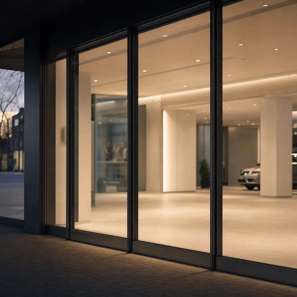 Empty modern car showroom in the evening with soft warm lighting.