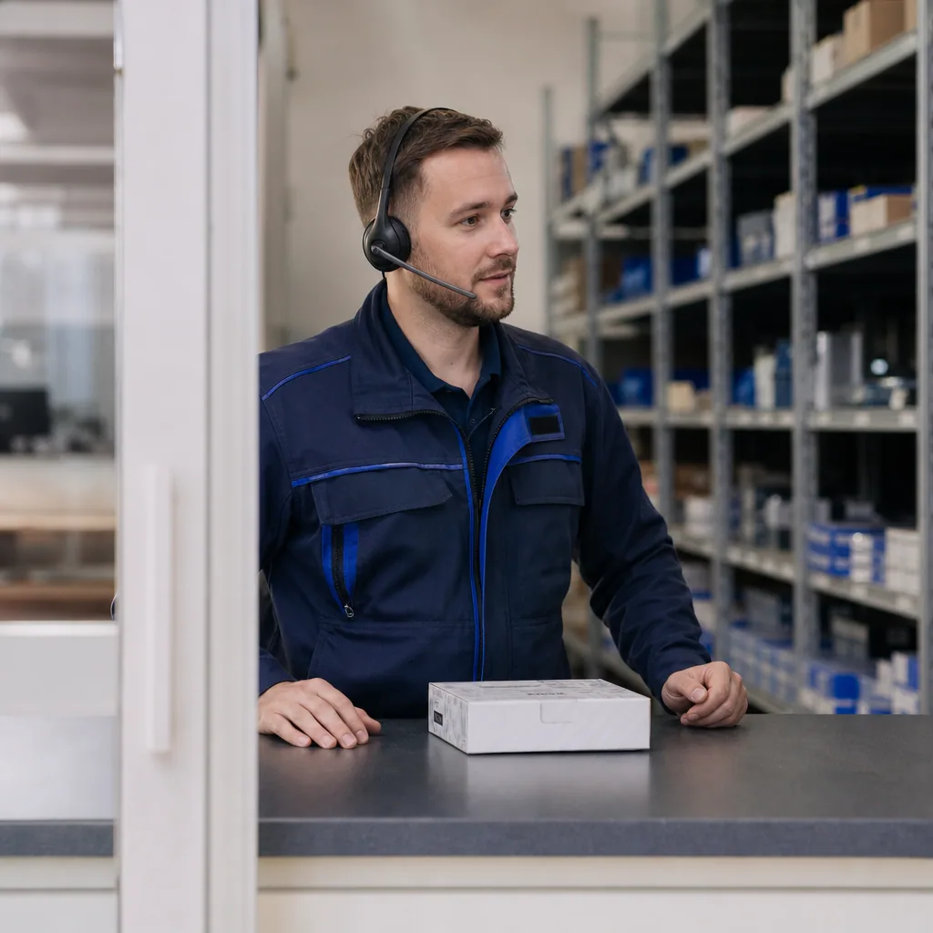 Parts counter staff at a tidy desk listening on a phone headset.