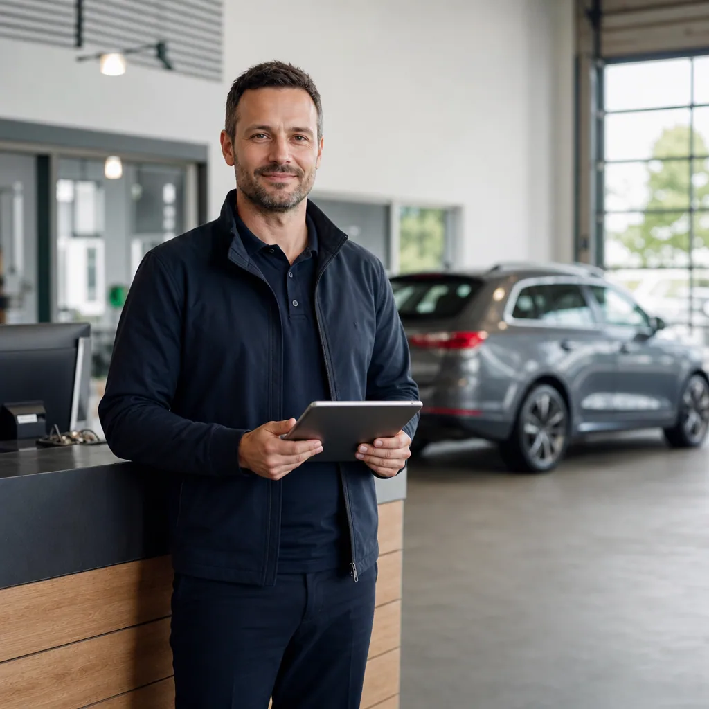 Service advisor in a clean workshop reception holding a tablet next to a car.