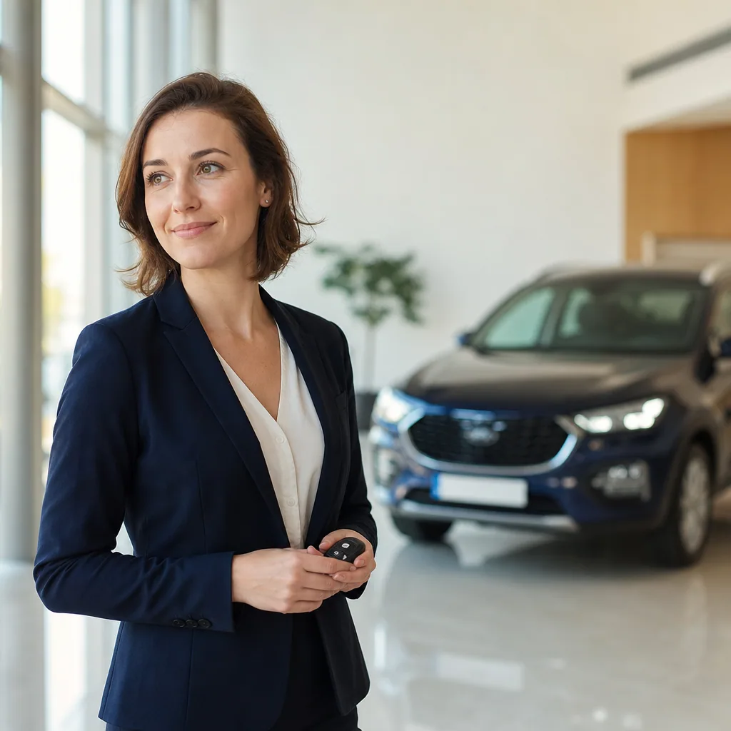 Salesperson in a modern showroom holding car keys near a vehicle.