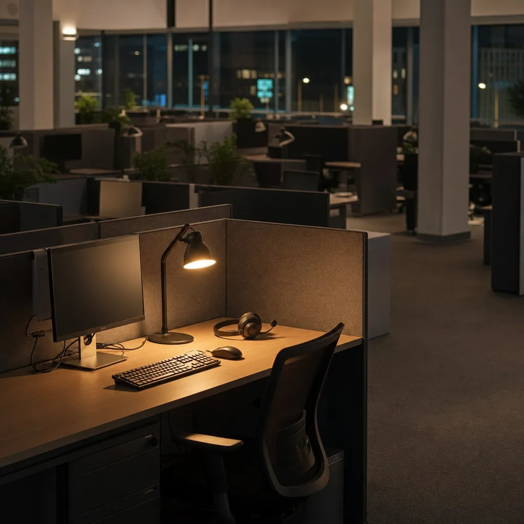 Quiet contact center floor at night with one warm lamp at an empty workstation.