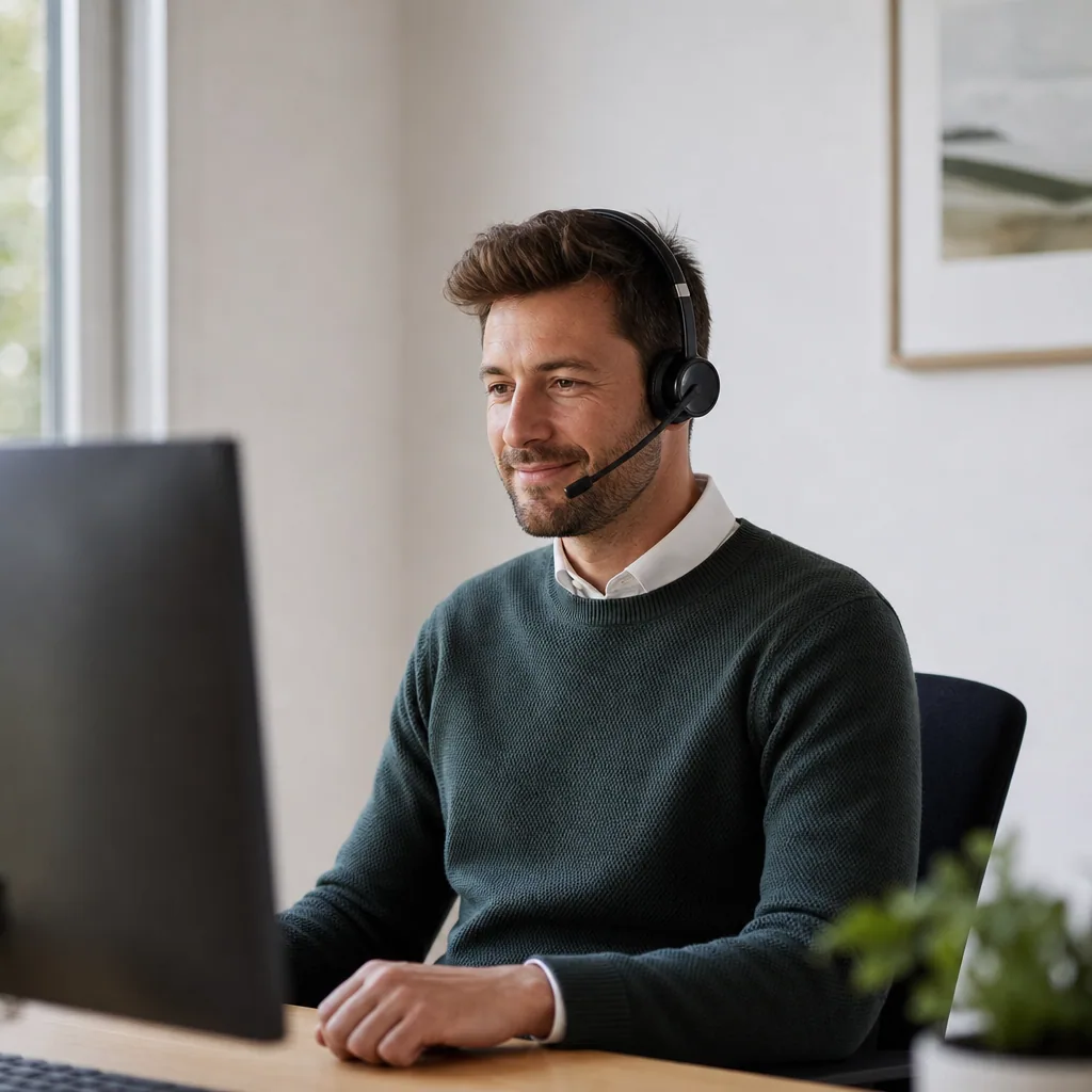 Single contact center agent at a calm modern workstation with a headset.