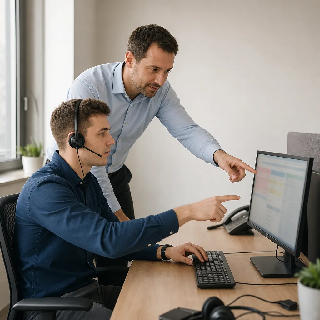 Two agents calmly looking at a single screen together at a tidy workstation.
