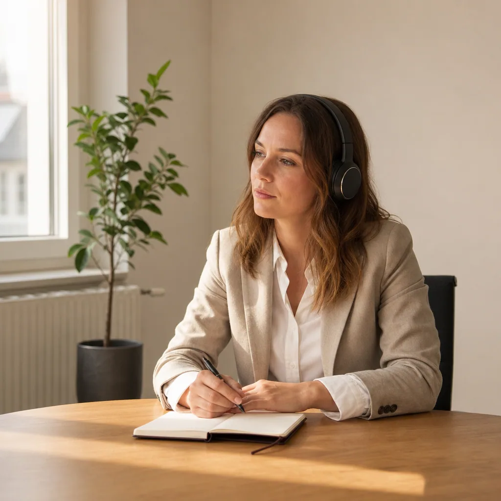 Manager at a clean desk listening on headphones with a single notebook.