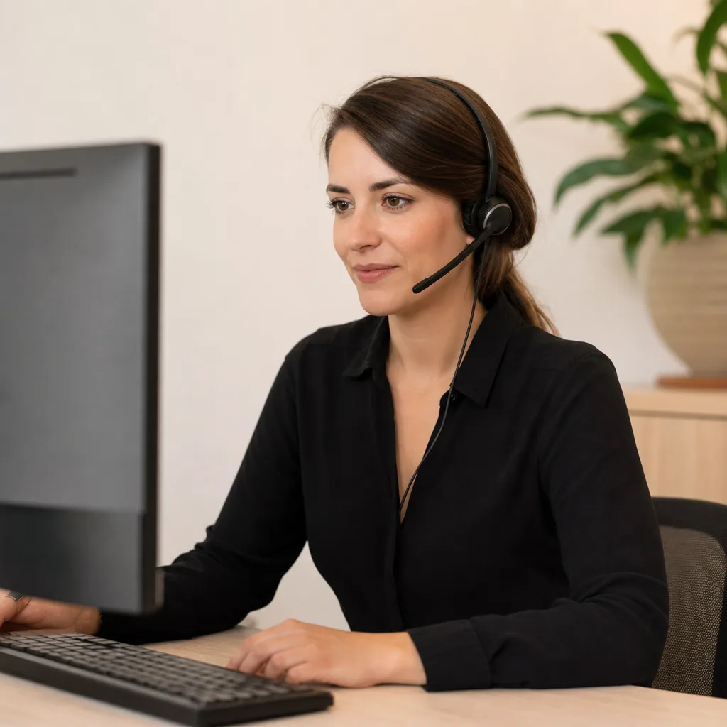 Service agent at a clean workstation with a single screen, calm lighting.