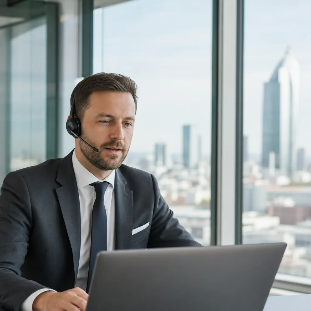 Financial advisor in a calm office on a phone headset, laptop in front.