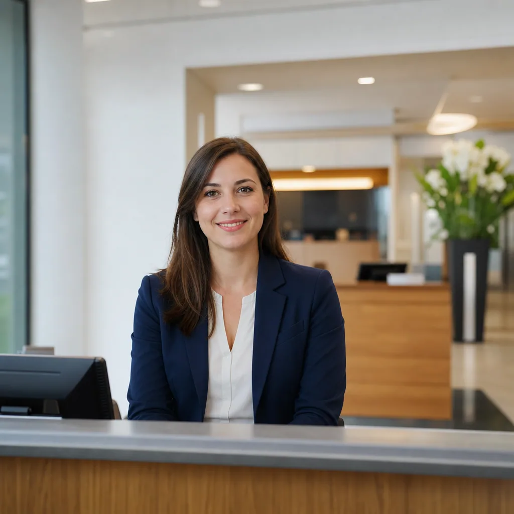 Bank branch counter with a friendly teller at a tidy desk.
