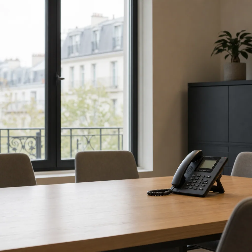 Empty modern meeting room with a single landline phone on a wood table.