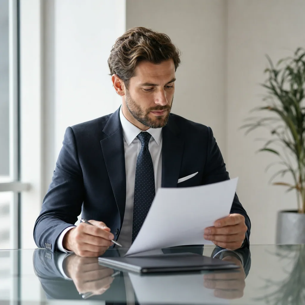 Banker reviewing a single document on a clean desk in a quiet glass office.