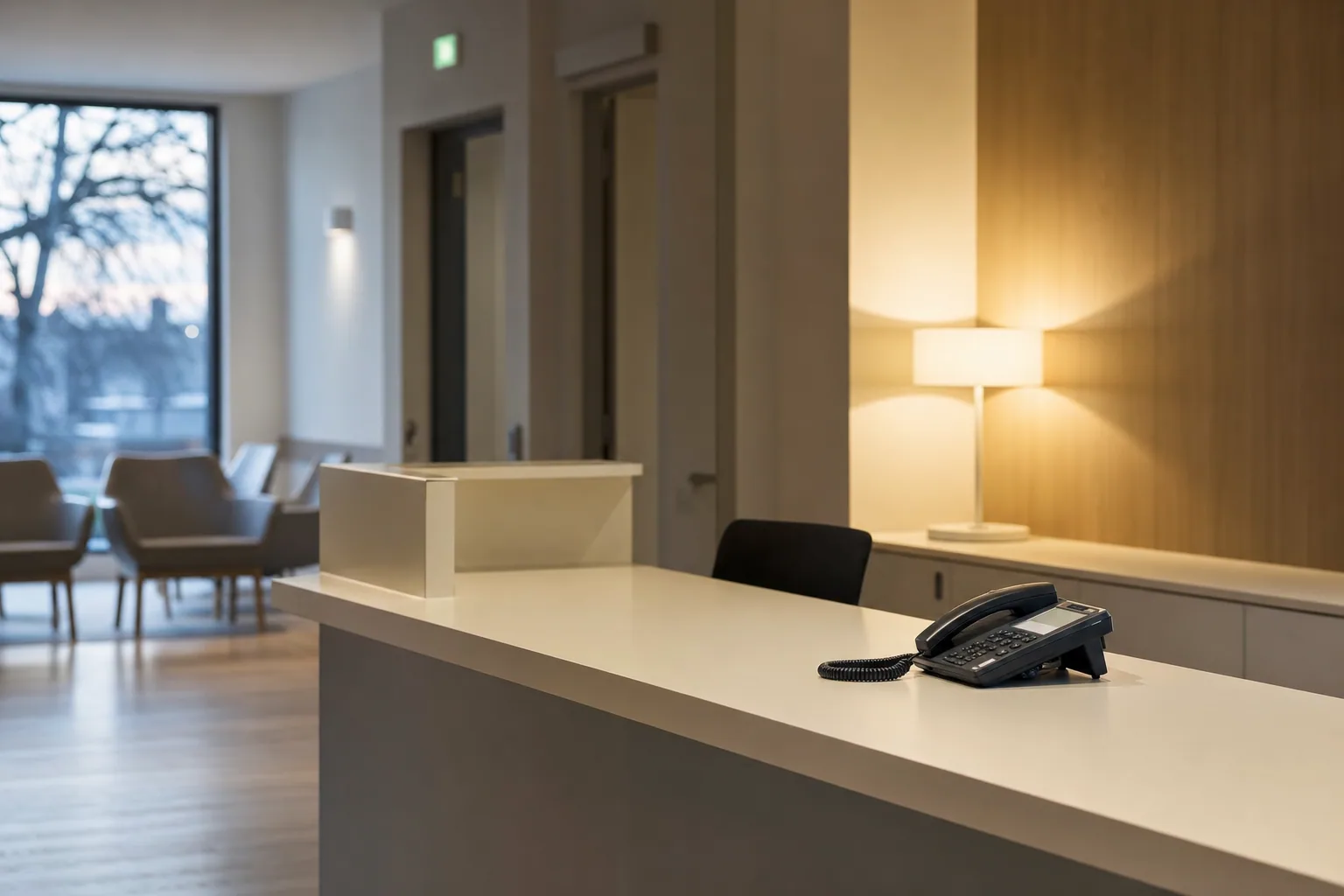 Quiet, empty clinic reception desk in the evening with a single phone.