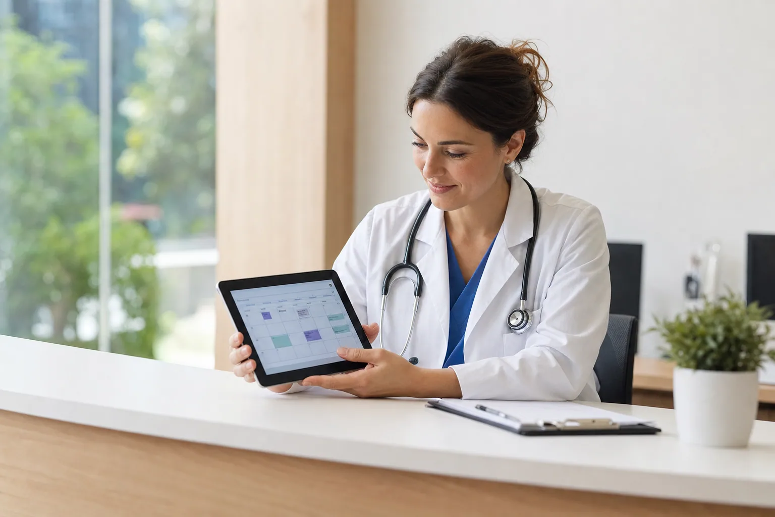 Doctor at a tidy clinic reception desk reviewing a calendar on a tablet.