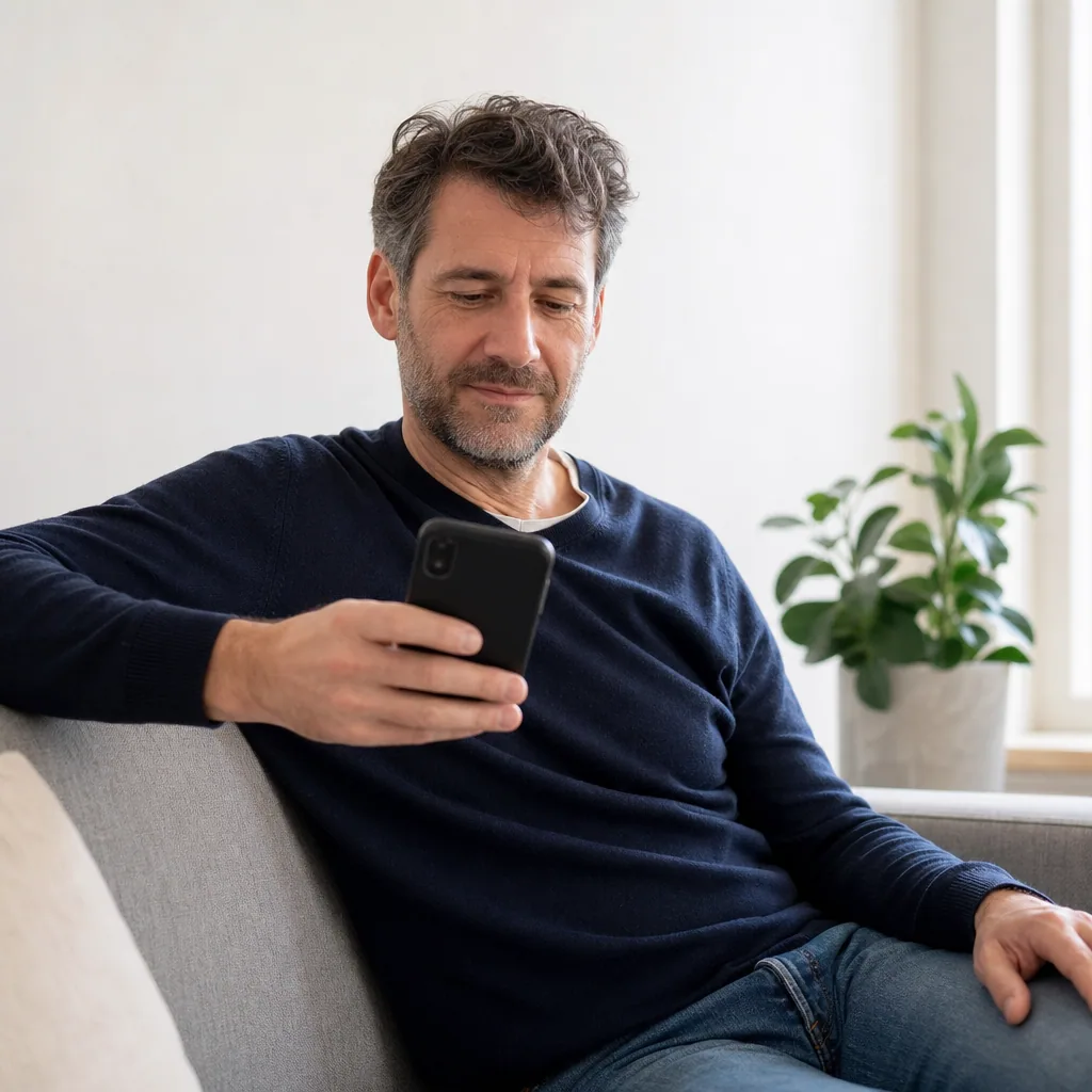 Patient at home checking an appointment reminder on a smartphone.