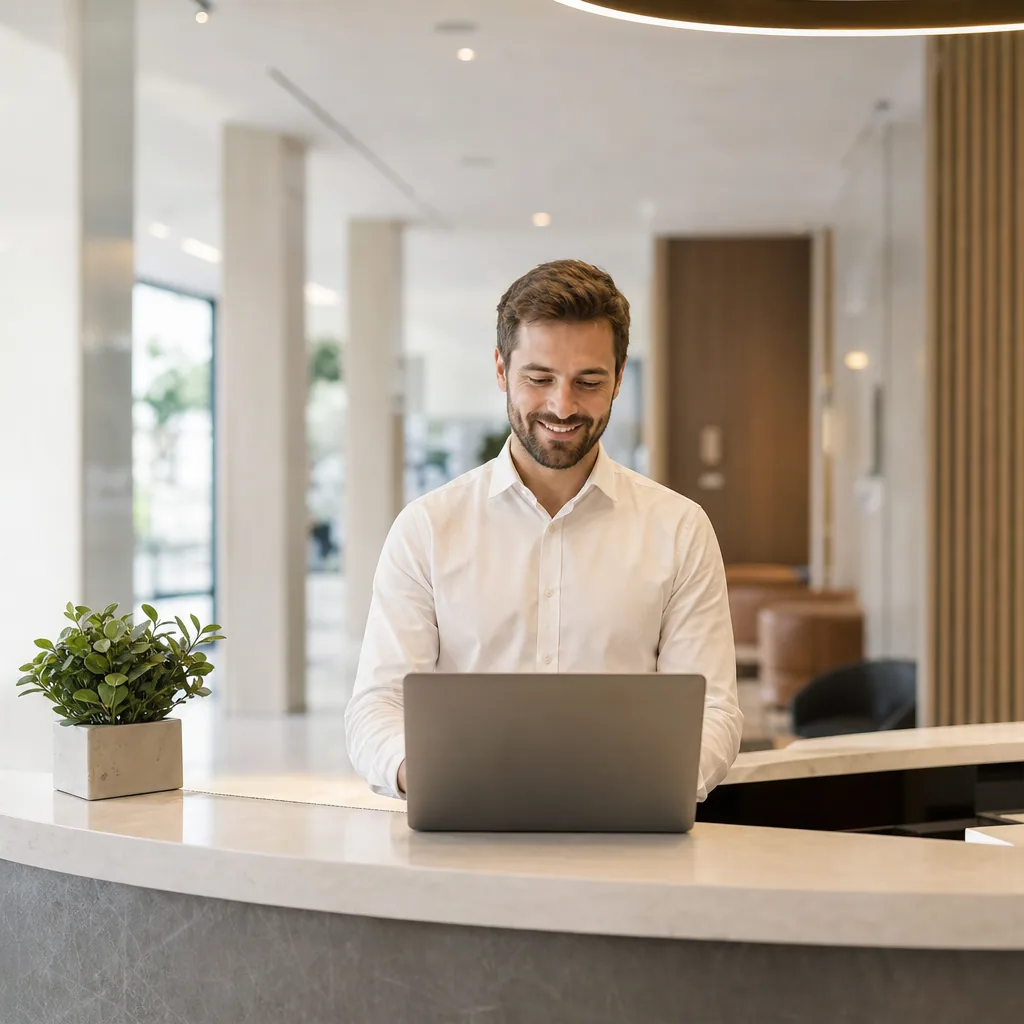 Front desk staff at a clean reception with a single laptop and a small plant.