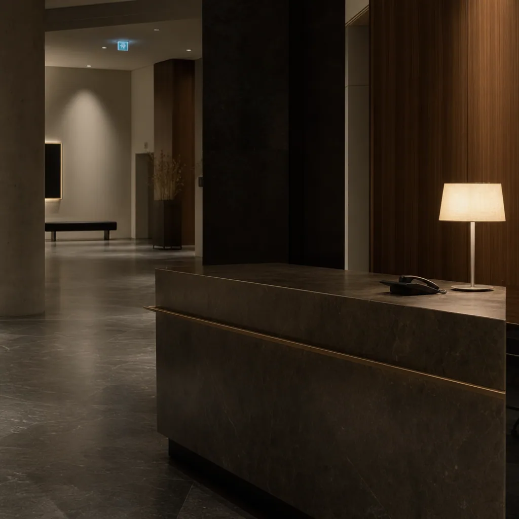 Quiet hotel lobby in the evening with one warm lamp and an empty desk.