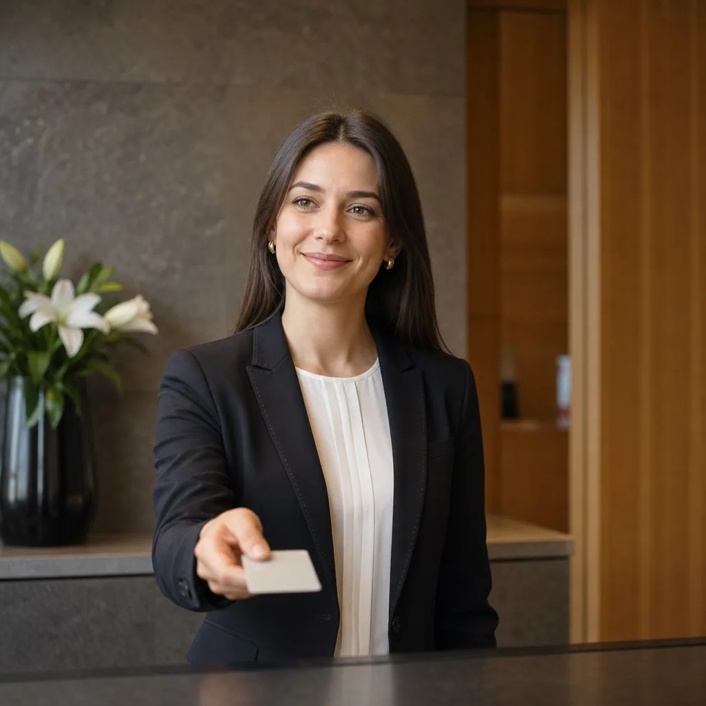 Reception with two staff calmly handling check-in, soft warm lobby behind.