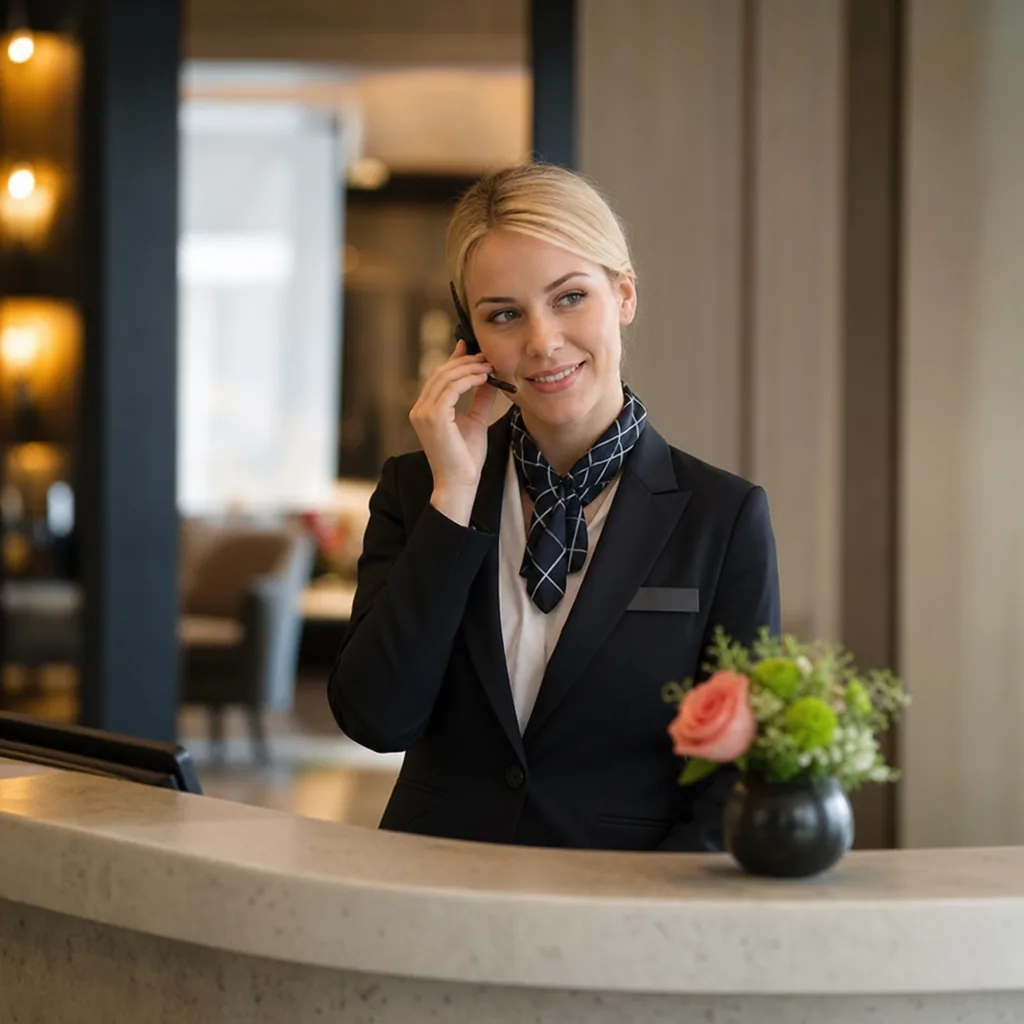 Hotel concierge at a tidy front desk smiling on a phone headset.