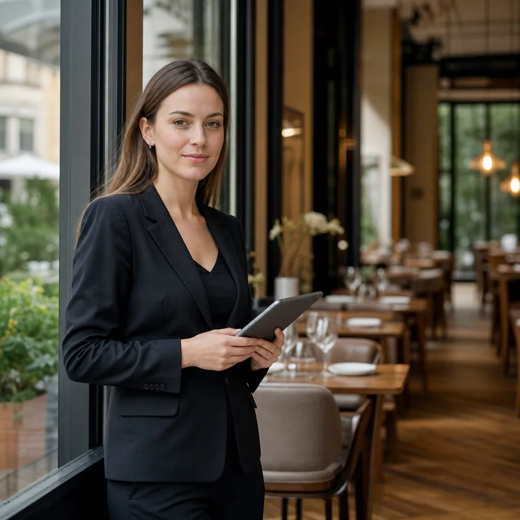 Maître d in a tidy restaurant entryway holding a tablet, set tables in soft focus.