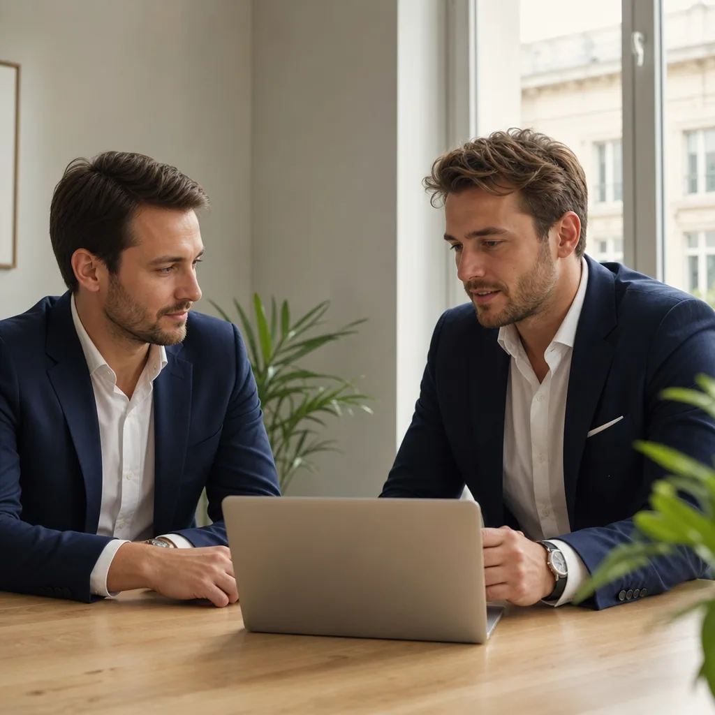 Two brokers calmly meeting at a clean wood table with a single laptop.