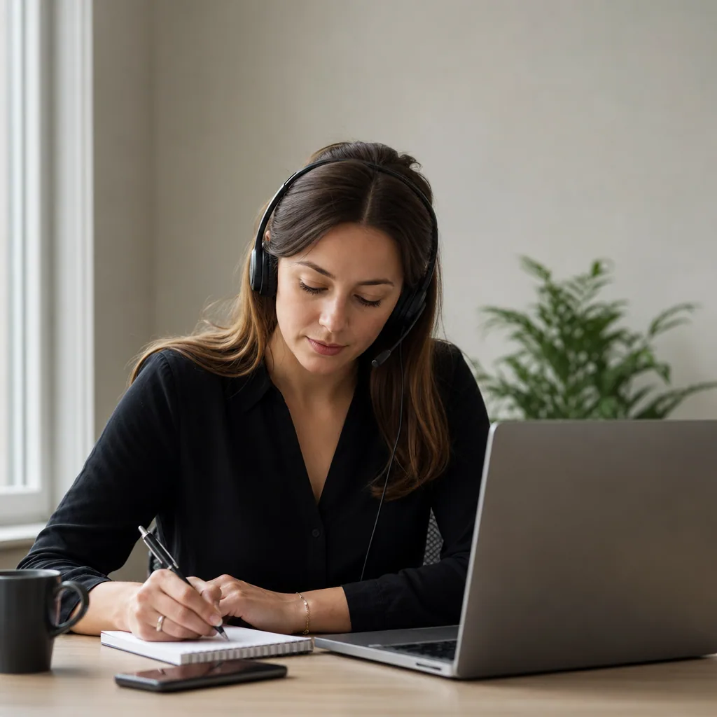 Claims agent at a clean desk reviewing a tablet form, calm warm office.