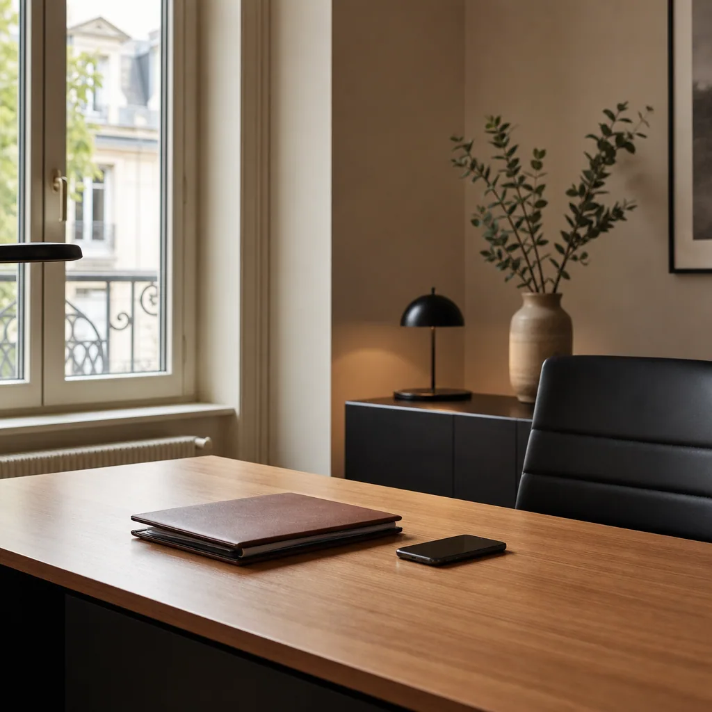 Empty desk in a quiet office with a single folder and a phone, soft warm light.