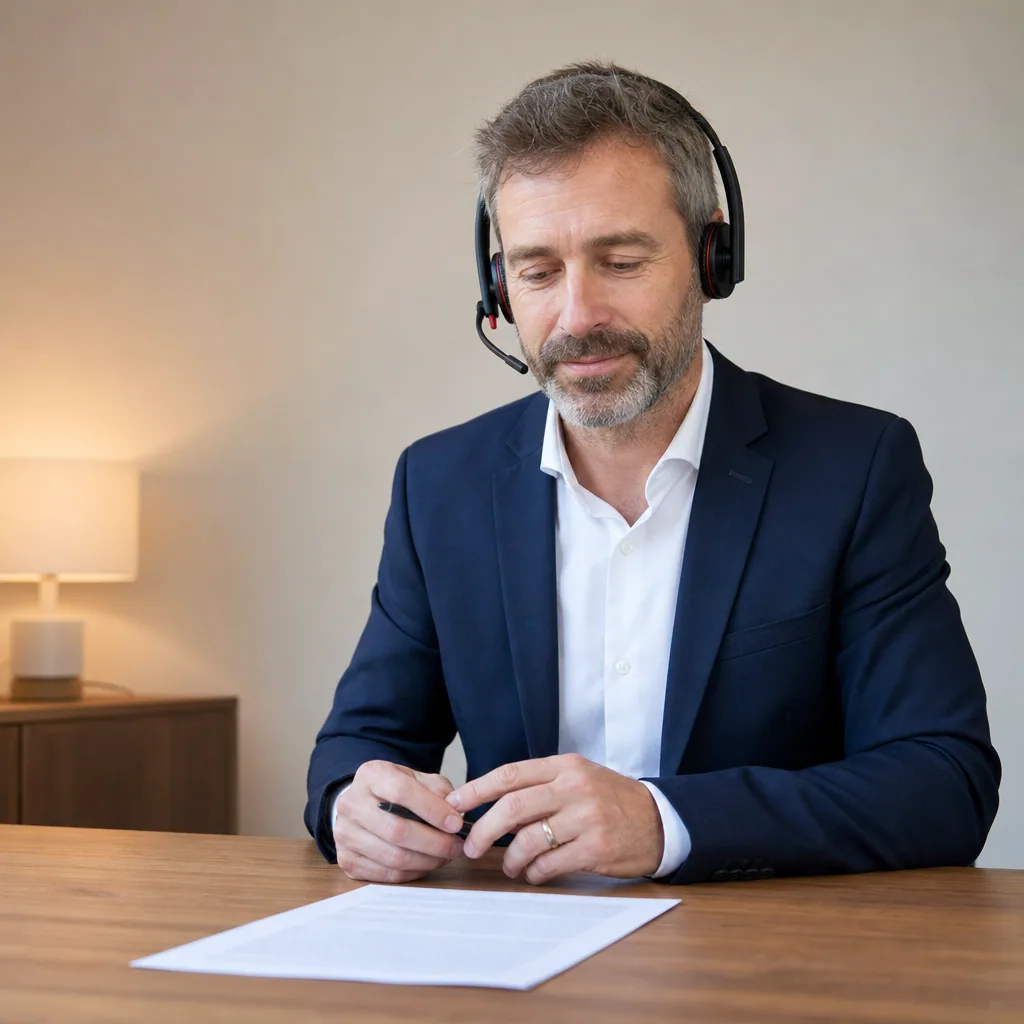 Insurance broker at a tidy desk with a single document and a phone headset.