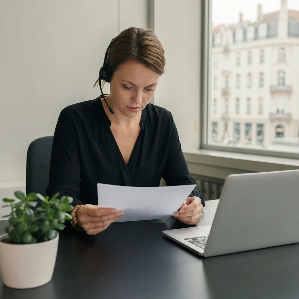 Office worker on the phone reviewing a single contract document in soft daylight.