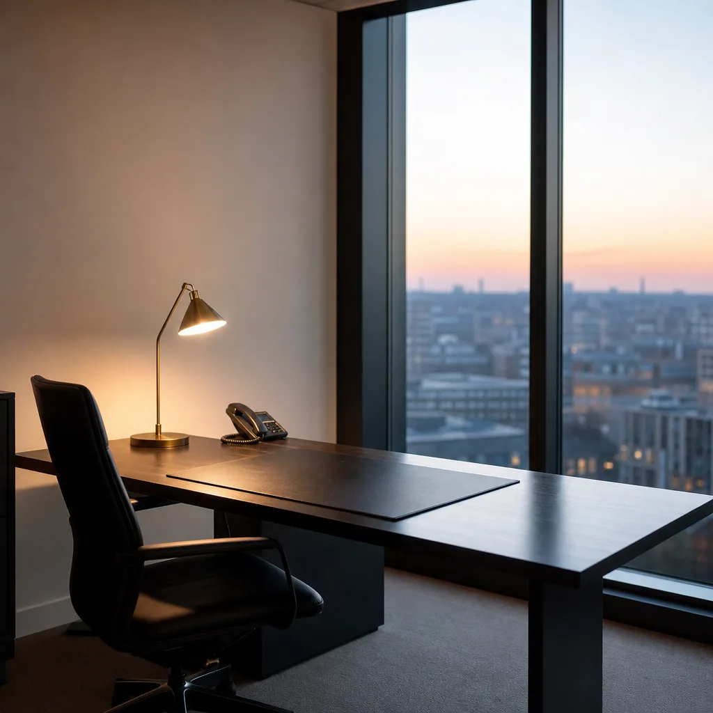 Empty modern firm office at dusk with one warm desk lamp and a single phone.