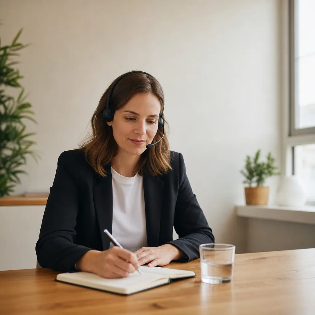 Consultant in a calm office on a headset, single notebook on a clean desk.