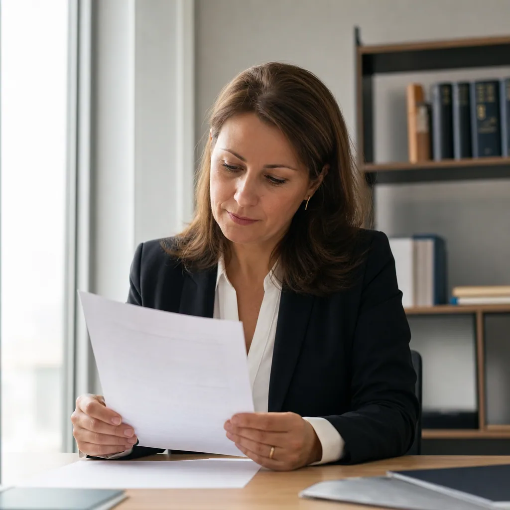 Lawyer at a tidy desk reviewing a single document, calm bookcase behind in soft focus.