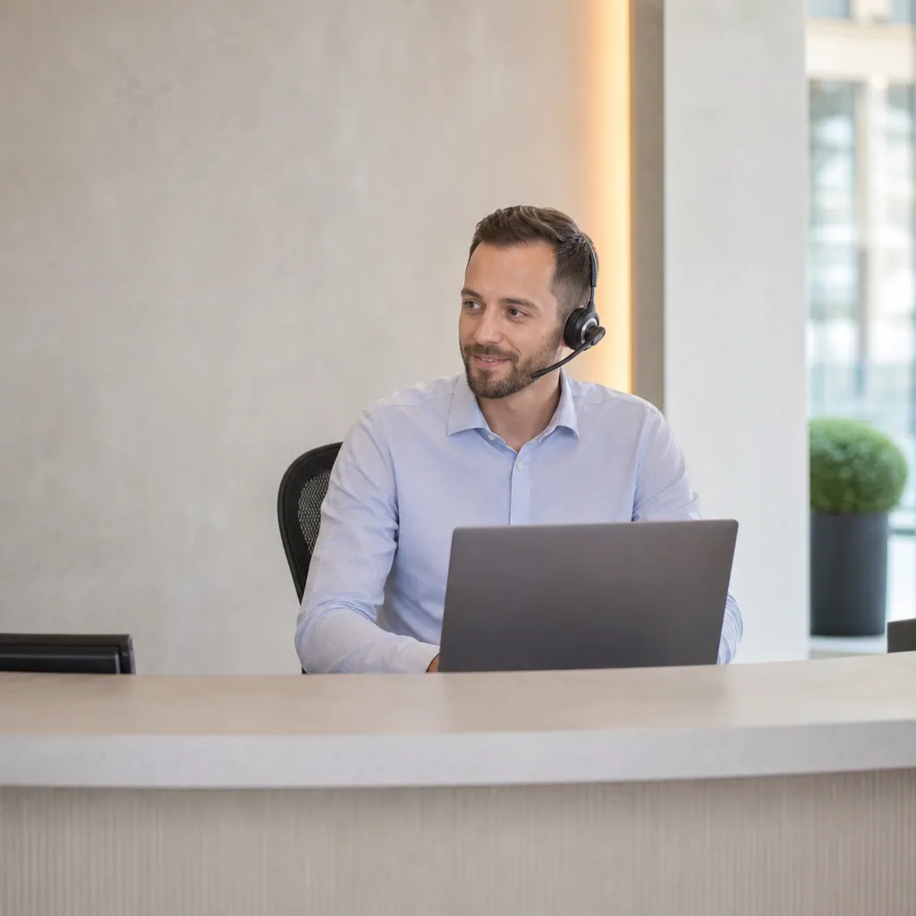 Receptionist at a quiet, modern firm front desk smiling on a phone headset.