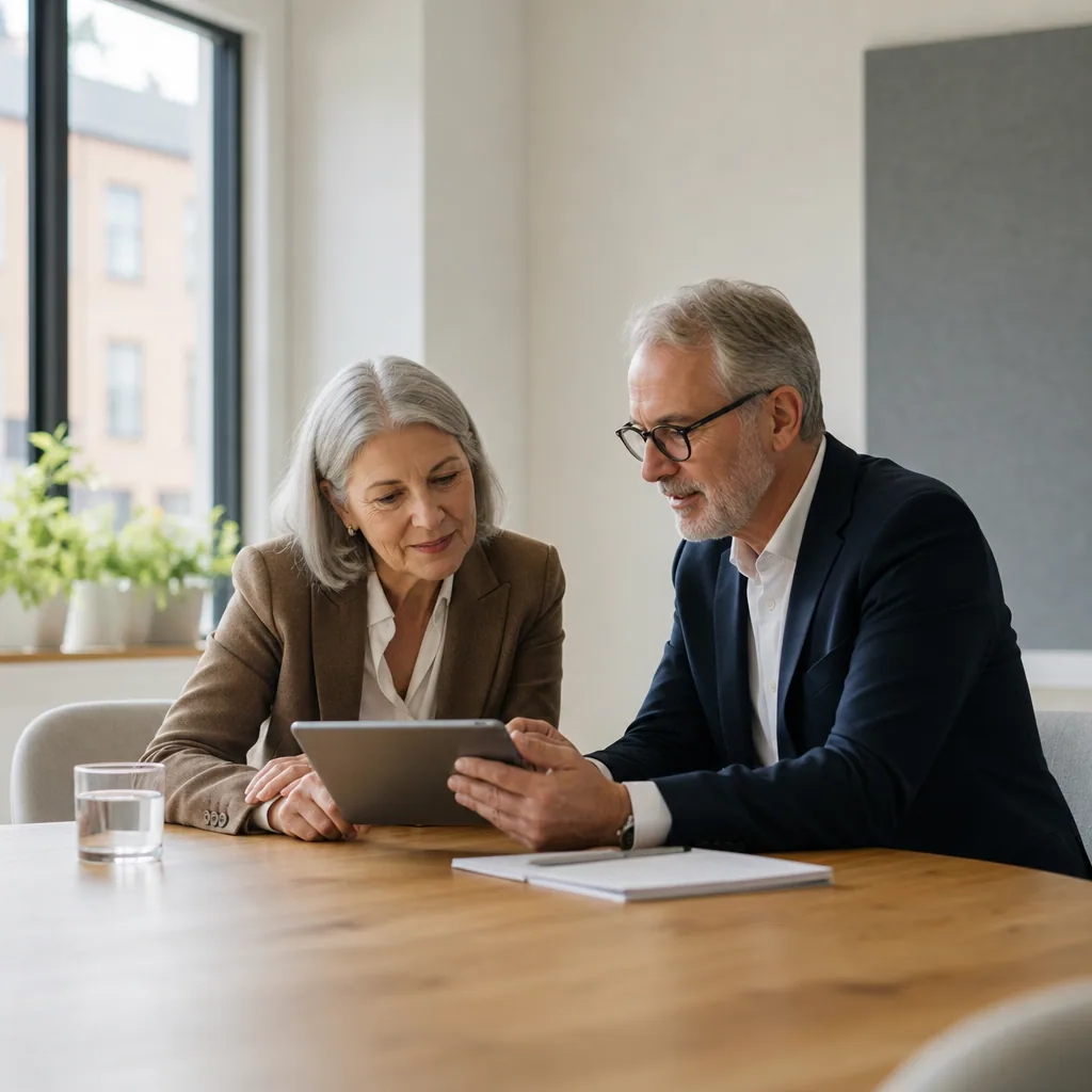 Calm meeting room with two partners reviewing a tablet, large window with daylight.