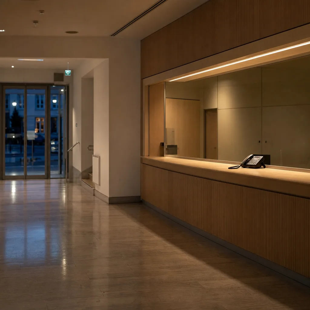 Empty civic service hall at evening with one lit counter and a single phone.