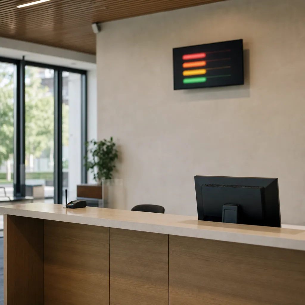 Civic counter with one tidy desk, a small queue display, calm bright daylight.