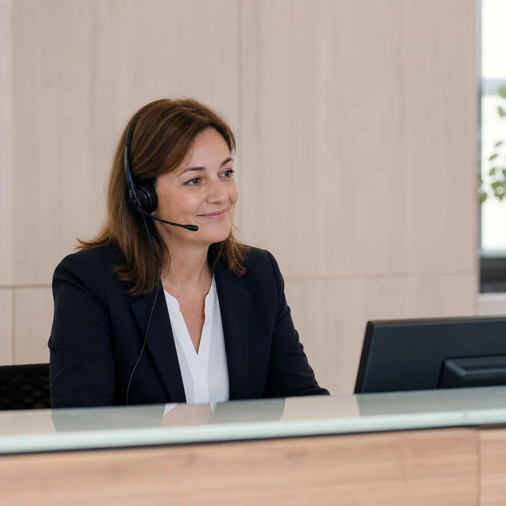 Public service clerk at a calm modern counter with a phone headset.