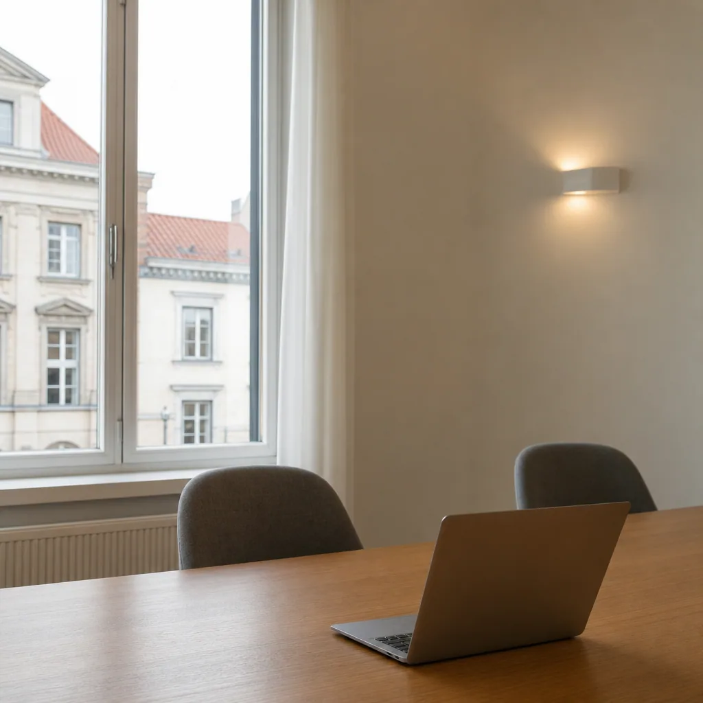 Quiet civic meeting room with a single laptop on a wood table, soft daylight.