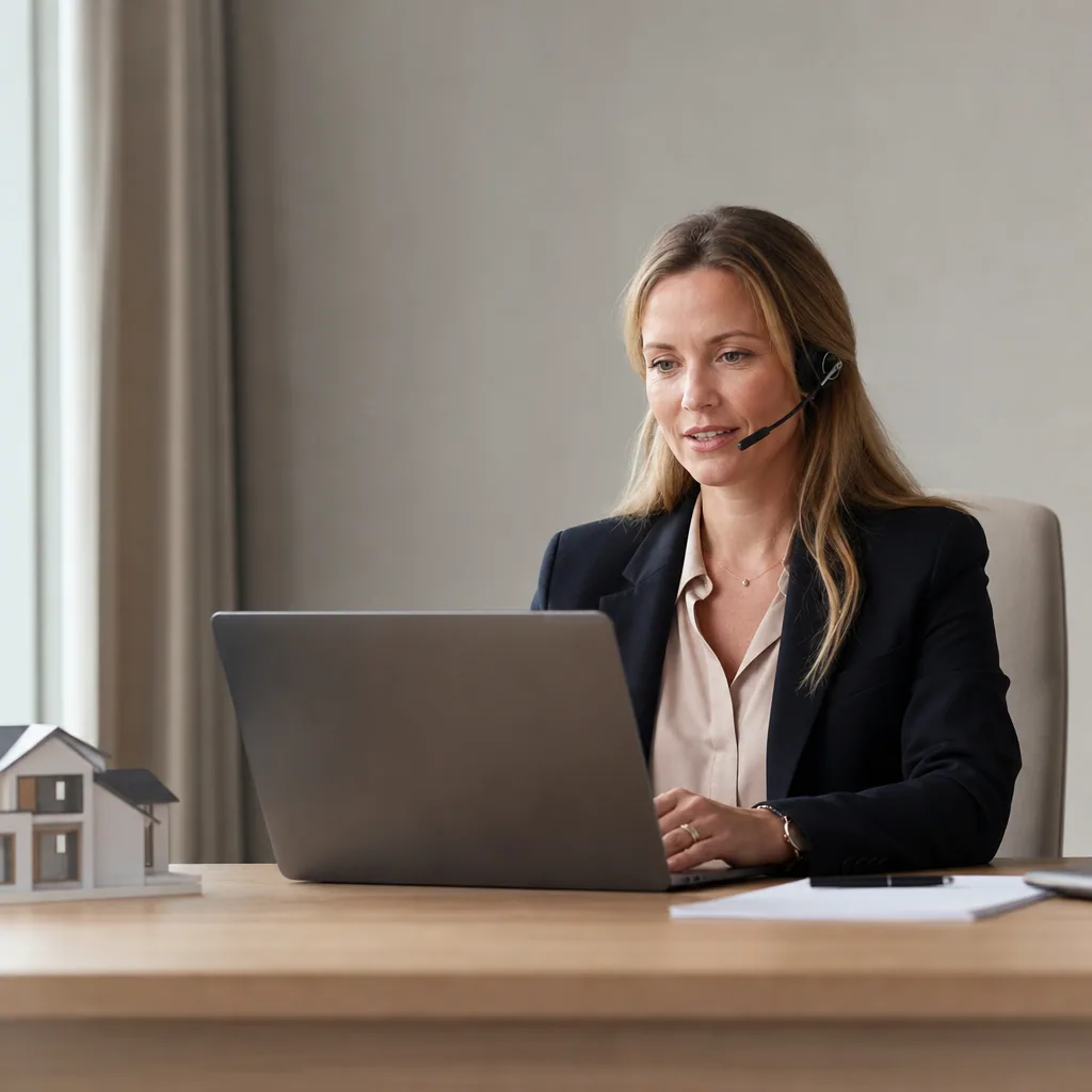 Agent at a calm office desk on a phone headset, single laptop in front.