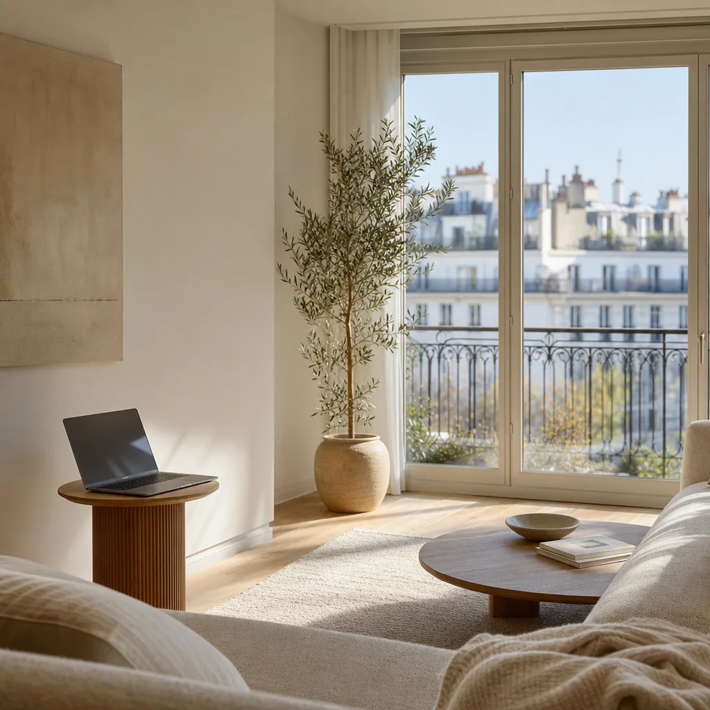 Empty bright modern living room with large windows and one open laptop on a side table.