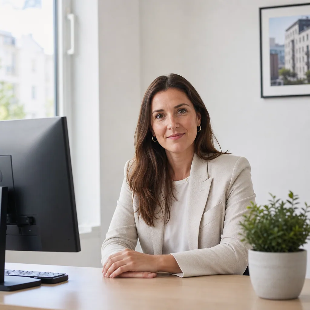 Property manager at a small tidy office desk with a single screen, calm.