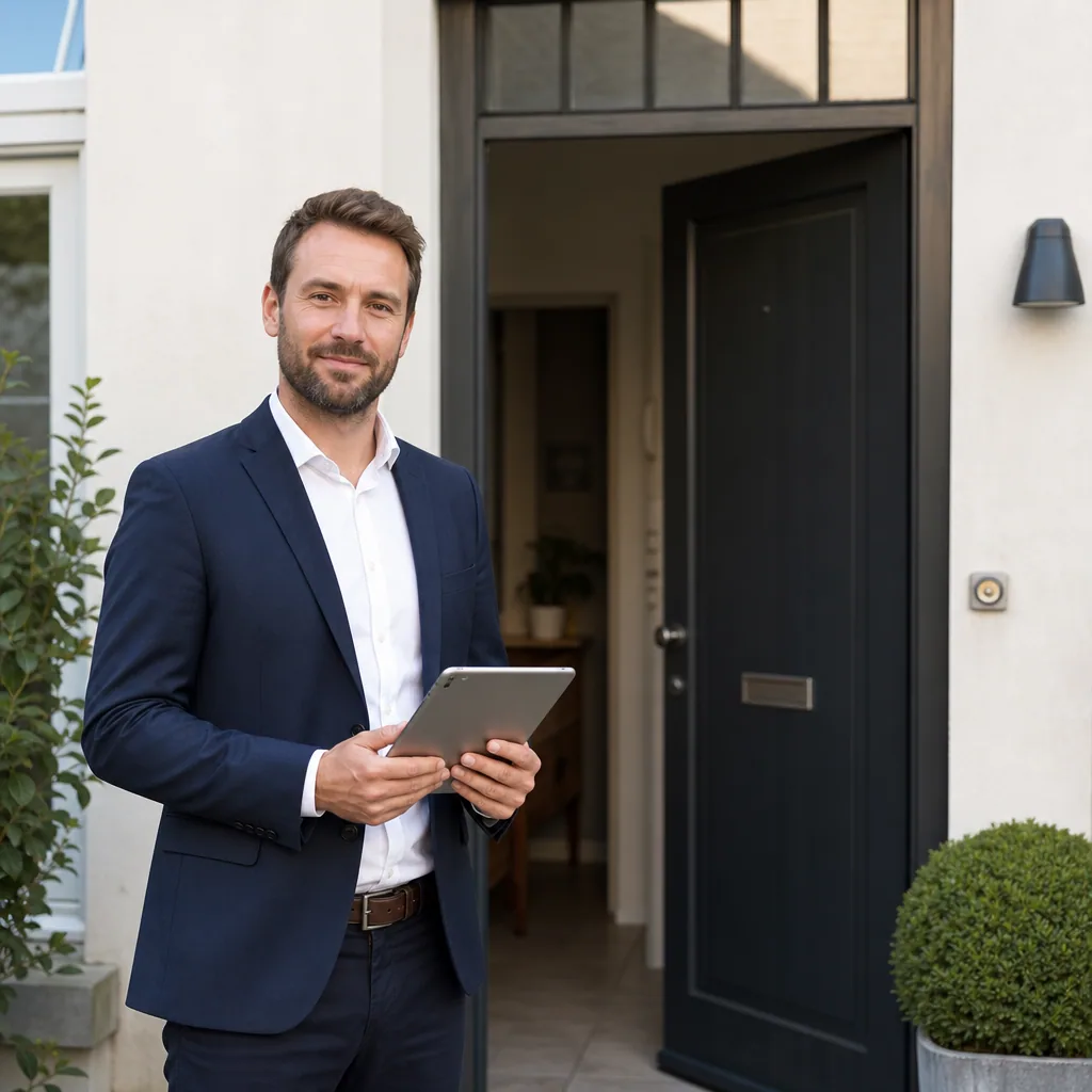 Agent on the doorstep of a modest home with a tablet, no people in soft focus.