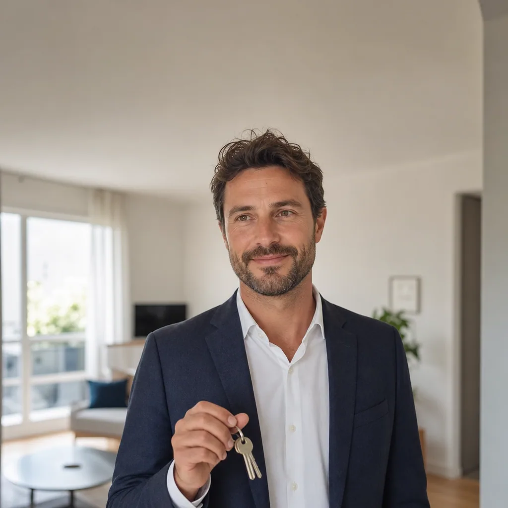 Real estate agent in a tidy entryway holding house keys, bright modern apartment behind.