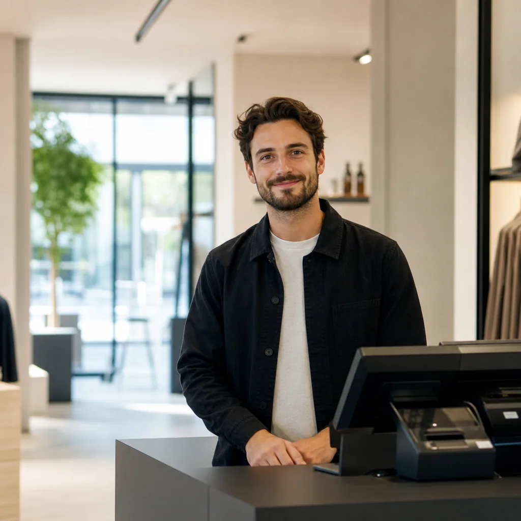 Friendly retail staff member behind a clean checkout counter, calm bright store interior.