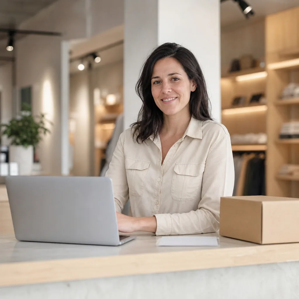 Customer service rep at a tidy service desk with a single laptop and a small parcel.