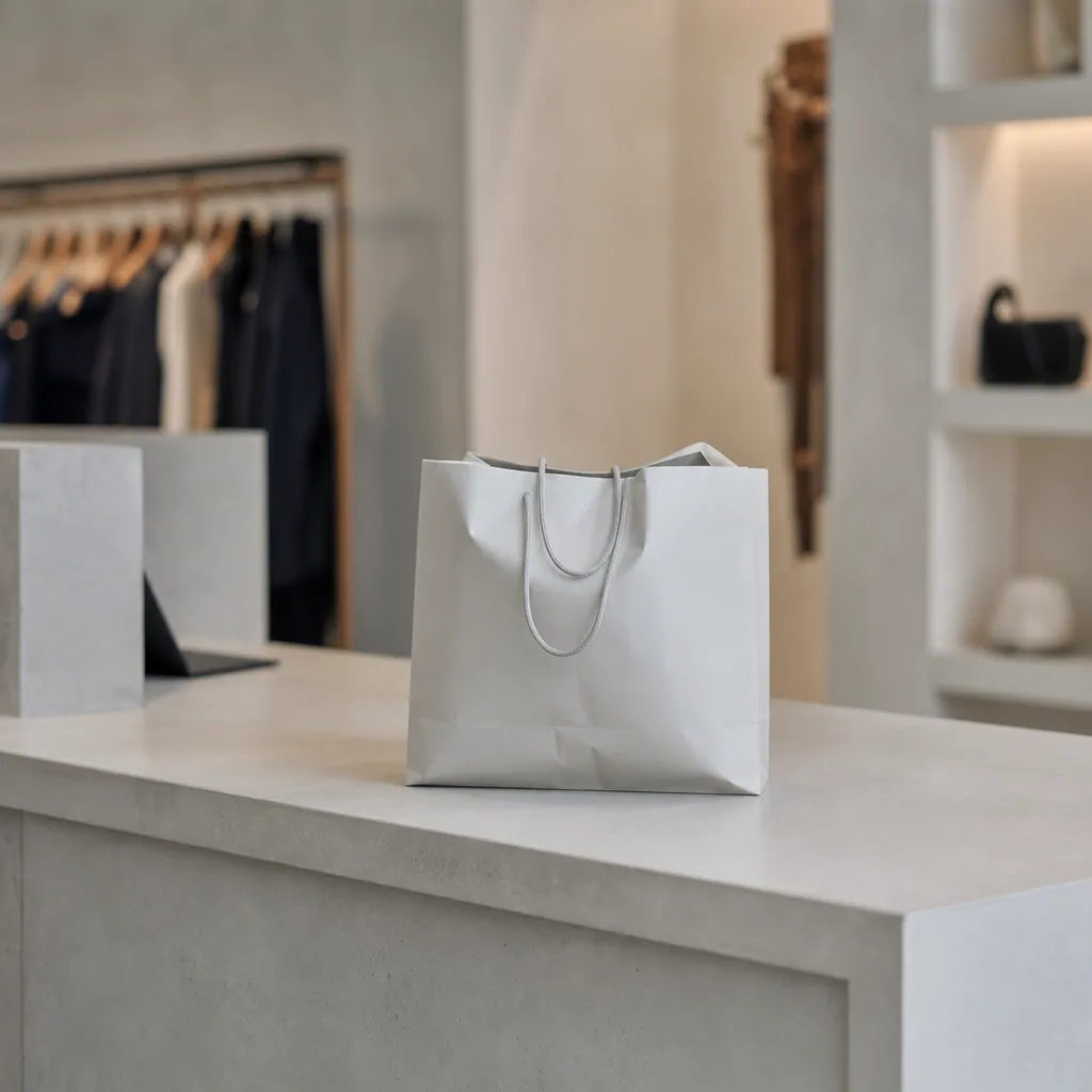 Service desk with a single returned shopping bag, calm minimalist store behind.