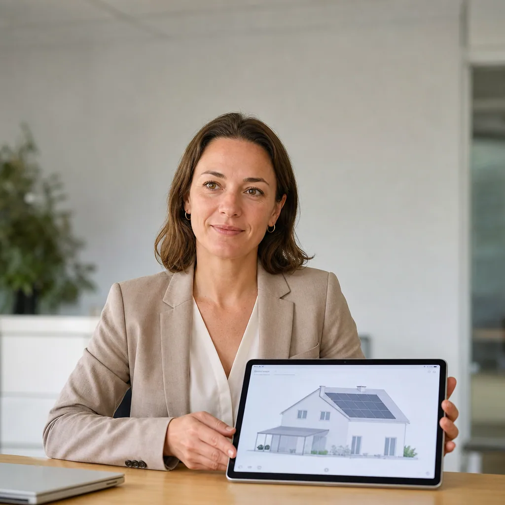 Consultant at a tidy table with a tablet showing a simple roof diagram.